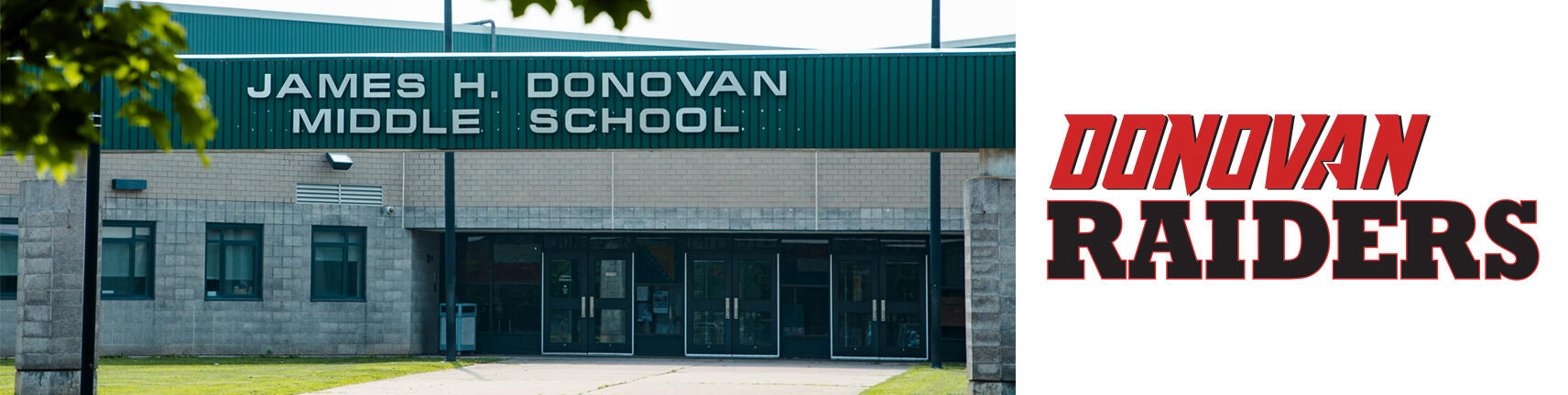 Зображення будівлі школи Донован та логотипу "Донован Рейдерс